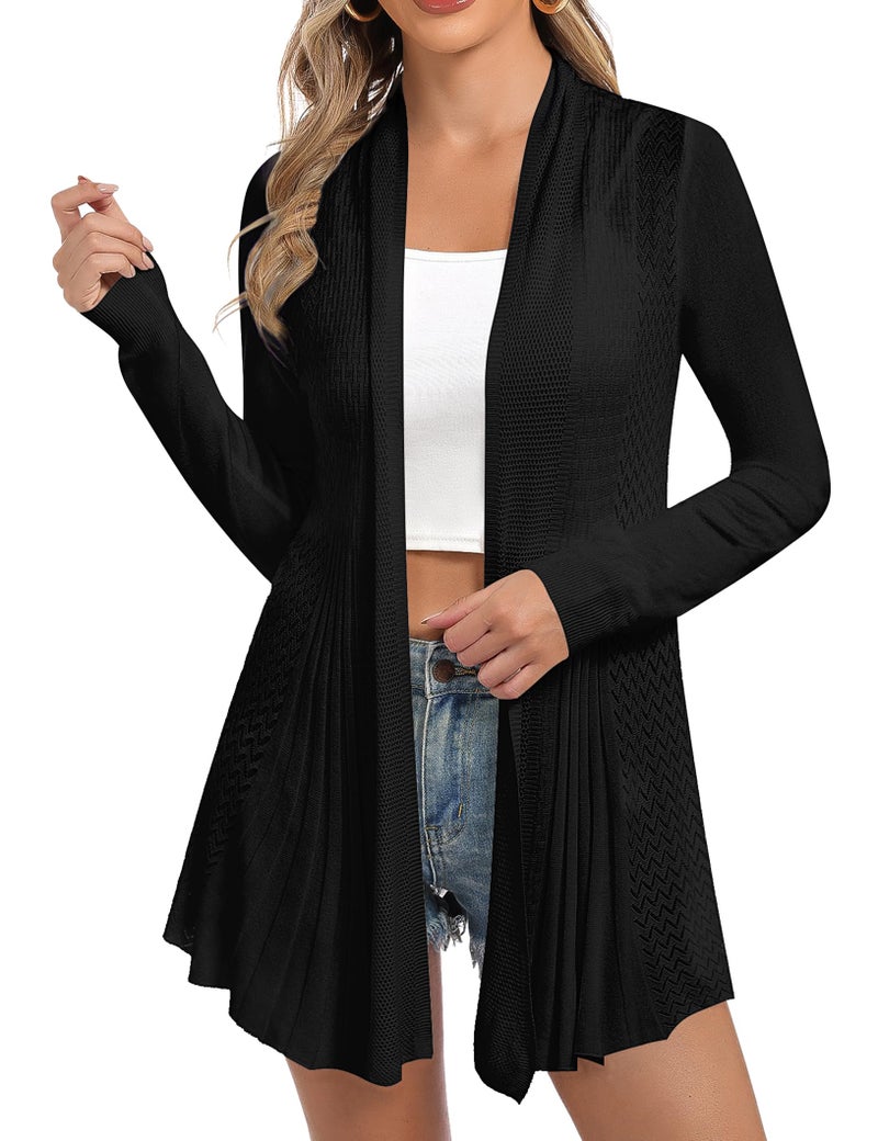iClosam Womens Summer Cardiagns Crochet Solid Long Sleeve Open Front Drapped Cardigan Sweater (#2Black, Medium) - Image 1